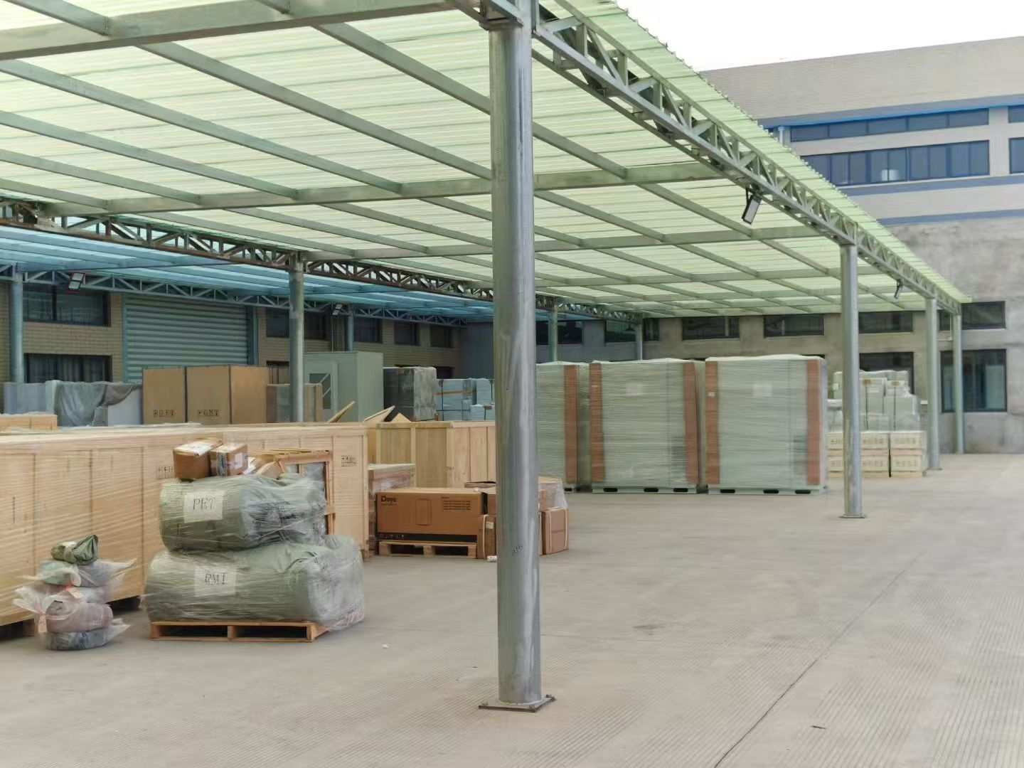 Finished battery packs staged in a warehouse before shipment